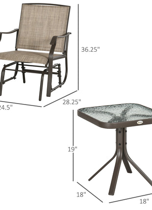 3 Piece Outdoor Glider Chair with Coffee Table Bistro Set, 2 Patio Rocking Swing Chairs with Breathable Sling Fabric, Glass Tabletop, for Backyard, Garden and Porch, Mixed Brown