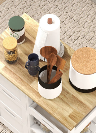 Rolling Kitchen Cart, Kitchen Island with Wood Top, Shelves & Drawers for Dining Area, White