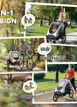 Bike Trailer for Kids 3 In1 Foldable Child Jogger Stroller Baby Stroller Transport Carrier with Shock Absorber System Rubber Tires Adjustable Handlebar Kid Bicycle Trailer White and Grey