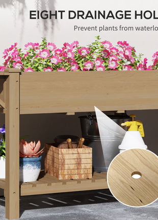 Wood Raised Garden Box, Elevated Garden Bed with Side Table, Bottom Shelf, Bed Liners and Drainage Holes, Carbonized