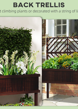 Elevated Wood Planter with Trellis for Climbing Plants, Raised Garden Bed with Legs and Drainage Holes, Carbonized