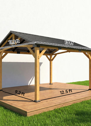 13' x 11' Hardtop Gazebo Canopy with Galvanised Metal Roof, Fir Wood Frame and Central Hook for Patio, Black Gray