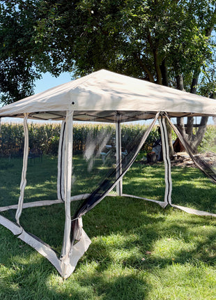 10' x 10' Pop Up Canopy Tent with Netting, Instant Gazebo, Screen House Room with Carry Bag, Height Adjustable, for Outdoor, Garden, Patio, Camping, Beige