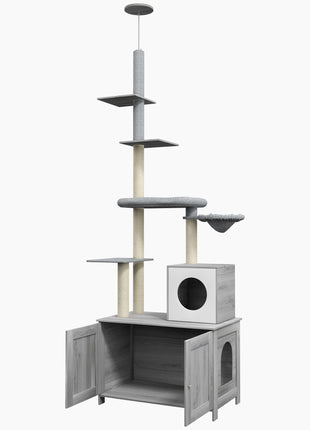 2 in 1 Floor to Ceiling Cat Tree with Litter Box Enclosure, Condo, Bed, Hammock, Scratching Posts, and Platforms, Gray