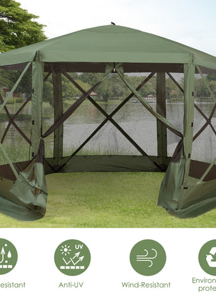 6-Sided Hexagon Pop Up Party Tent Gazebo with Mesh Netting Walls & Shaded Interior, 12' x 12', Green