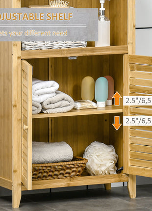 Bamboo Floor Cabinet Bathroom Floor Cabinet Living Room Organizer Tower with Multiple Shelves and Doors, Natural