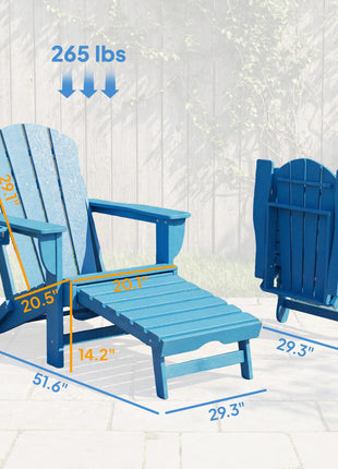 Folding Adirondack Chair Set of 2, HDPE Fire Pit Chair with Retractable Ottoman and Cup Holder, Blue