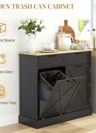 10 Gallon Farmhouse Kitchen Cabinet with Hidden Trash Can and 2 Drawers, Tilt Out Trash Can Cabinet for Kitchen, Black