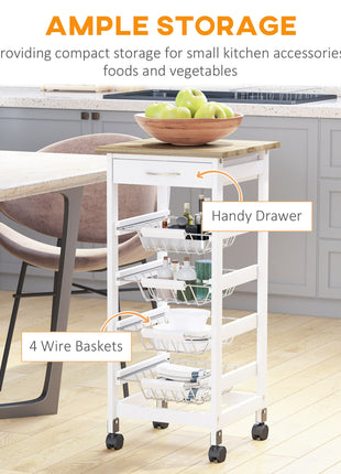 Mobile Kitchen Cart, Rolling Kitchen Island with Storage, Solid Wood Frame Utility Cart with Wire Fruit Baskets and Drawer, White