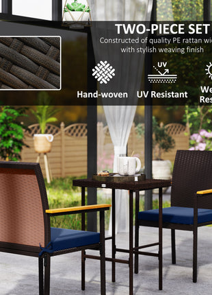 Stackable Patio Wicker Dining Chair Set of 2 with Cushions, Backrest, Armrests for Deck, Garden, Navy Blue