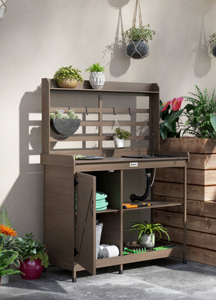 Wooden Potting Bench with Storage, Sink, Water Tap for Backyard, Patio, Balcony, Dark Brown