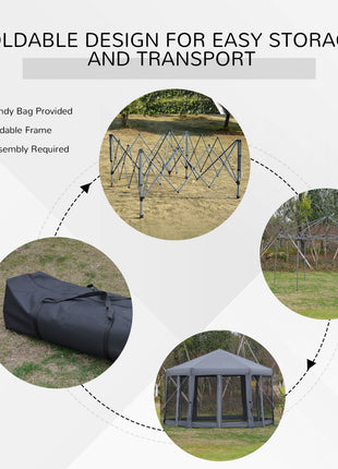 13' x 11' Hexagonal Pop Up Gazebo, Heavy Duty Outdoor Canopy Tent with 6 Mesh Sidewall Netting, 3-Level Adjustable Height and Strong Steel Frame, Gray