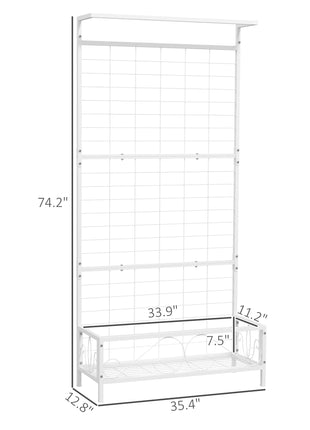 Metal Tall Plant Stand with Trellis and Hanging Bar, Plant Holder for Indoor Outdoor Use, 35" x 12.8" x 74", White