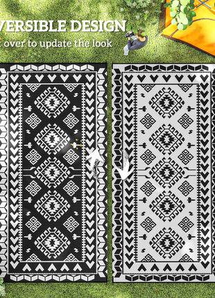 Reversible Outdoor Rug, Waterproof Plastic Straw with Carry Bag, 9' x 18', Black & White Rhombus Patchwork