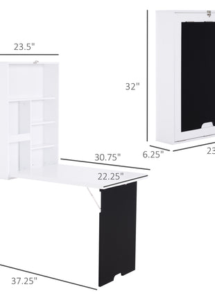 Wall Mounted Foldable Desk with a Blackboard, Fold Out Convertible Floating Desk with Shelves, White