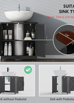 Farmhouse Pedestal Sink Storage Cabinet, Bathroom Sink Cabinet with 2 Barn Doors and Adjustable Shelf, Distressed Black