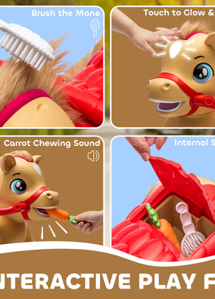 Ride On Horse Toy, 12V Battery Powered Ride on Toy with Carrot Toy, Comb and Sound, Electric Rocking Horse for Toddlers