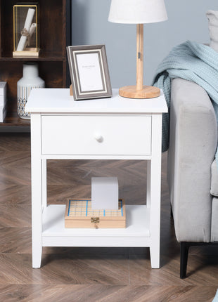 Modern Side Table for Living Room, End Table, 2-tier Side Table with Drawer and Storage Shelf, White