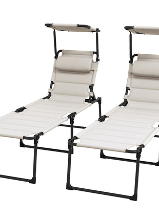2 Pcs Outdoor Lounge Chair, 4 Position Adjustable Backrest, Folding, Cushioned w/ Sun Shade Roof & Pillow, Cream White