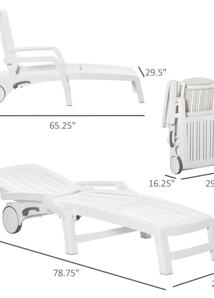 Outdoor Chaise Lounge Chair on Wheels with Storage Box, Waterproof Lounger with Quick Assembly, Folding Design, 5 Level Adjustable Backrest for Pool, Beach, Patio, Garden, White