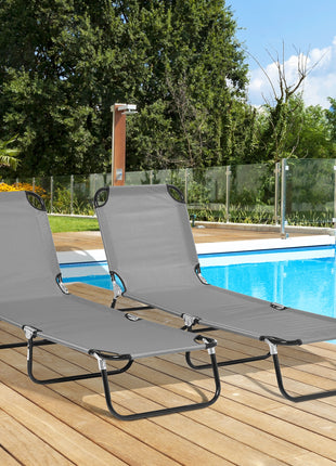 2 Pieces Pool Chaise Lounge Chairs, Folding Lounge Chairs with 5-Level Reclining Back, Steel Frame, Dark Gray
