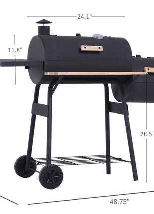 Charcoal BBQ, Portable Grill with Wheels, All-in-One Grill, Side vent, Two Shelves and Metal Grating, Lit-Mounted Thermometer, Wooden Handle, for Outdoor Cooking, Black