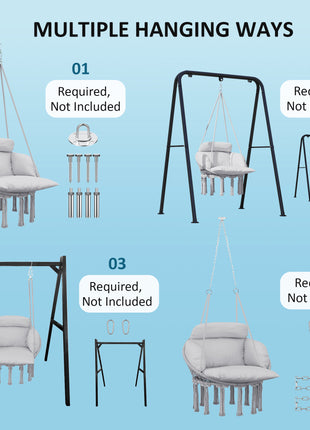 Hammock Swing Chair, Macrame Hanging Chair with Large Cushion, Chain, Steel Frame for Indoor Outdoor Use, Gray