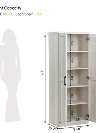 63" 2-Door Kitchen Pantry, Freestanding Storage Cabinet with 5-tier Shelving and 2 Adjustable Shelves for Dining Room, Antique White