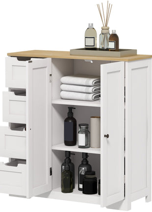 Freestanding Bathroom Floor Cabinet, Modern Bathroom Cabinet with Adjustable Shelf, 4 Drawers and 2 Doors, White