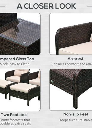 5 Pieces Rattan Wicker Lounge Chair Outdoor Patio Conversation Set with 2 Cushioned Chairs, 2 Ottomans and Tempered Glass Top Coffee Table