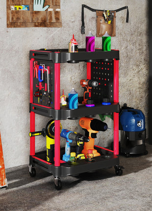 3-Tier Rolling Tool Cart, 200 LBS Capacity Plastic Utility Cart with Side Shelves for Garage, Workshop, Black and Red