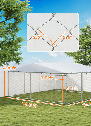 15' x 15' x 7' Dog Kennel Outdoor for Small Medium Large Dogs with Waterproof Roof, Silver