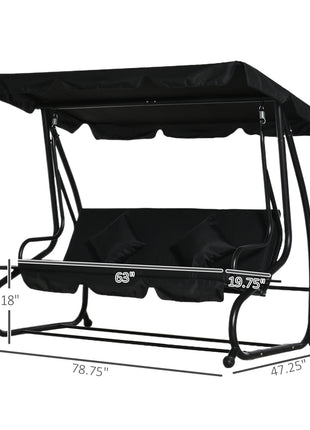 3-Seat Outdoor Patio Swing Chair, Converting Flatbed, Outdoor Swing Glider with Adjustable Canopy, Removable Cushion and Pillows, for Porch, Garden, Poolside, Backyard, Black
