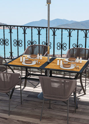 Rectangular Patio Table with Umbrella Hole, Faux Wood Rectangle Outdoor Dining Table for 6 People for Garden, Brown