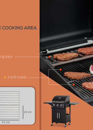 Outdoor 3 Burner Gas Grill Portable Barbecue w/ Wheels, Warming Rack, Shelves, Cabinet, Thermometer, Black