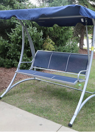 3-Seat Outdoor Porch Swing Chair, Patio Swing Glider with Adjustable Canopy, Breathable Seat, and Steel Frame for Garden, Poolside, Backyard, Blue