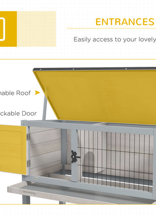 Elevated Rabbit Hutch, Wooden Bunny Cage with Hinged Asphalt Roof and Removable Tray, for Indoor/Outdoor, Gray