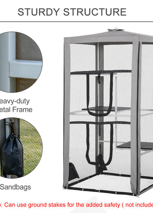 79"H Cat House Kitten Enclosure Mesh Playpen Steel Frame with 3 Platforms, 2 Doors and 4 Sandbags for Stability, Indoor/Outdoor