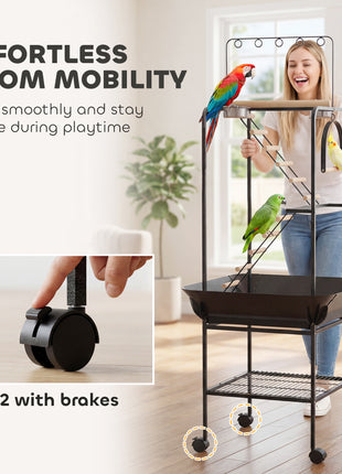 64"H Rolling Bird Playground Parrot Stand with Seed Guard & Wheels, Ladders, Swing, Toy Hook & Bowls