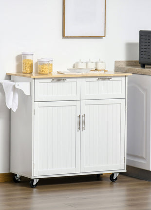 41" Modern Rolling Kitchen Island on Wheels, Utility Cart Storage Trolley with Rubberwood Top & Drawers, White