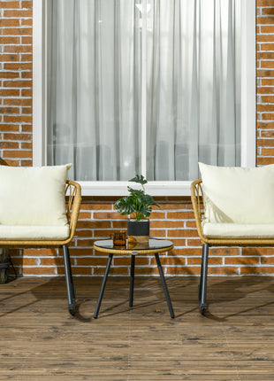 Wicker Outdoor Rocking Chair Set, 3 Piece Patio Bistro Set with 2 Porch Rocker Chairs, Glass Top Coffee Table and Cushions, Patio Conversation Set for Balcony, Backyard, Cream White