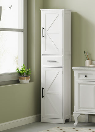 Farmhouse Linen Closet with Drawer, 67" Tall Bathroom Storage Cabinet with Barn Doors and Adjustable Shelves, White