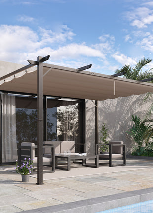 10' x 13' Aluminum Patio Pergola with Retractable Pergola Canopy, Backyard Shade Shelter for Porch, Outdoor Party, Garden, Grill Gazebo, Brown