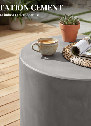 Lightweight Accent Table with Concrete Finish Round Side Table, Light Gray