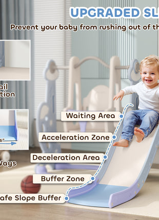 4 in 1 Toddler Slide and Swing Set for Ages 1.5-4, Toddler Playset Playground with Climber, Basketball Hoop, Light Blue