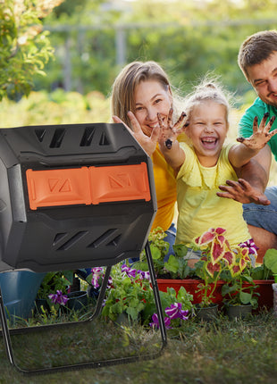 Tumbling Compost Bin Outdoor 360° Dual Chamber Rotating Composter 43 Gallon, Orange