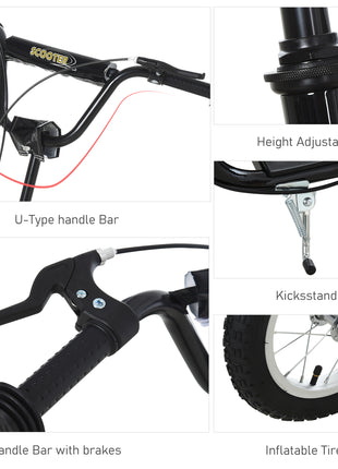 Youth Scooter Front and Rear Caliper Dual Brakes 12-Inch Inflatable Front Wheel Ride On Toy For Age 5+ - Black