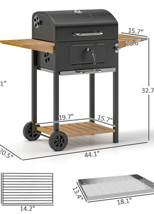 Charcoal BBQ Grill with 245 sq. in. Cooking Area, Adjustable Charcoal Pan, 3 Shelves, Thermometer, Black