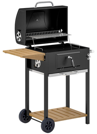 Charcoal BBQ Grill, Outdoor Portable Cooker for Camping or Backyard Picnic, Barbecue Grill with Side Table, Bottom Storage Shelf, Wheels and Handle, Black
