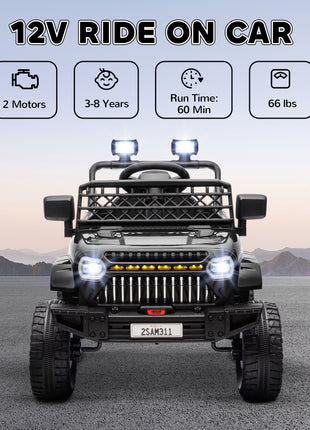 12V Battery Powered Ride On Truck, Kids Electric Car with Spring Suspension, Remote, Horn, USB Music, Black